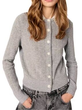 Women's Grey Ribbed Button-Up Cardigan Sweater